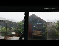 Strong rain storm day time blue shed 