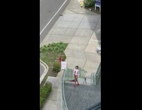 Woman red bikini white polo dance stairs video shoot