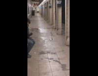 Guy charges phone at station with long cords 