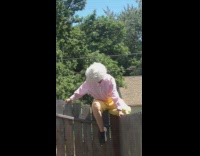 Girl white wig pink shirt climbs fence 