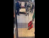 Police surround arrested man on subway floor