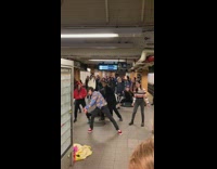 Collab Subway Creatures - Guy in blue banana shirt teaches subway passengers Michael Jackson Thriller dance