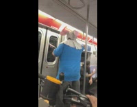 Collab Subway Creatures - The Jolly Cat plays purple ukulele and yells at passengers on subway train