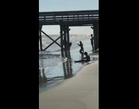 Woman cartwheel under the bridge beach silhouette