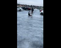 Guy runs out of crunch gym onto Icy parking lot