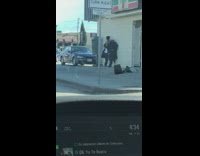 Girl guy yellow wall seven eleven sidewalk 