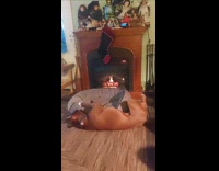 Dog lie down on bed beside fireplace