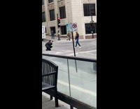 Girl pretends to walk crosswalk for photo