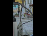 Woman gray cardigan black handbag wall pictorial