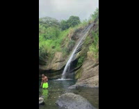 Man in neon shorts dances in front of waterfalls