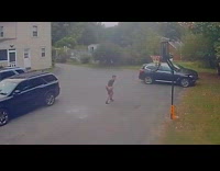 Kid shoots ball gets stuck on ring