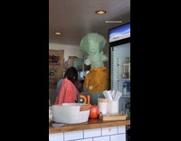 Coffee shop employee tending to customer in squidward costume 