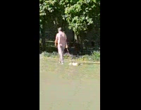 Guy drags dog across park by leash 