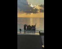 Five women in bikini walk towards the beach shore at sunset