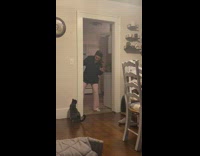 Woman and black cat playing peekaboo 