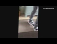 Guy riding hoverboard around living room falls 
