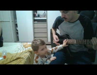 Kid stops guy play guitar falls down