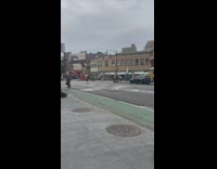 Toy car drives on street 