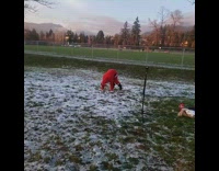 Woman santa mountain climbers workout grass snow