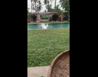 Woman in bikini walks and spins by the pool