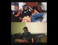 Guy reenacts clip green walls black couch 