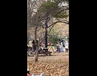 Guy swings entire body around metal bar 