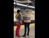 Dog on shoulders of man at subway