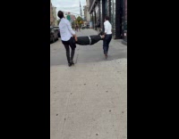 Two men in white shirt carry long bag
