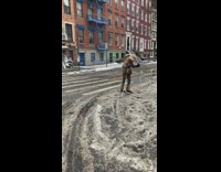 Lady skis across street with melted snow 