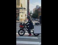 Person in wolf mask riding bicycle with speakers rides by