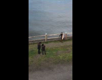 Girl poses by wood railing and water