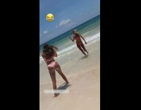 Woman bikini run beach seaside shout friends 