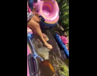 Woman gets inside inflatable fell on water