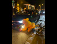 Woman on bike hits black car 