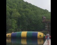 Girl on Yellow/Blue/Green Blob Is Bounced Up and Lands on Head on Lake