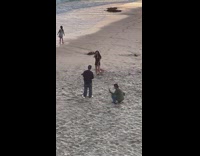 Woman in brown dress poses at the beach at sunset