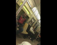 Collab Subway Creatures - Man red shirt says homophobic slurs and strokes walking cane on subway train