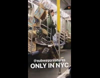 Cardboard box man sits on subway train