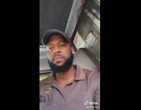 UPS guy reacts to man eating long lollipop 