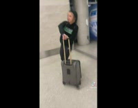 Woman falls on her chin playing with luggage 