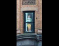 Buddy the elf stands at building window