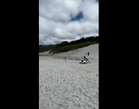 Two women yoga two camera at beach Part 2