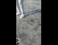 Guy bounces on frozen lake squirts water