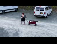 Lady Drags Headless Mannequin on a Cart 