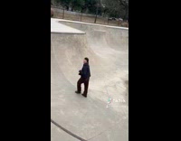 Blue sweater guy skateboard skatepark ramp fail 
