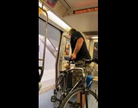 Collab Subway Creatures - Dogs in cart behind bike of owners