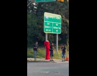 Elmo at sidewalk wait for signal light