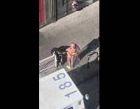 Man butt naked costume transparent dress sidewalk