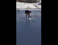 Man cut hole on frozen lake to swim
