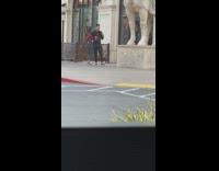 Giant horse statue girl guy dance together 